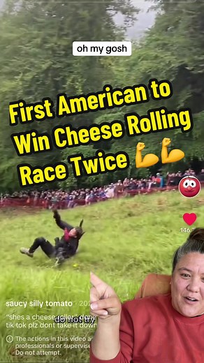 @saucy silly tomato is the first American to win the Cooper’s Hill Cheese Rolling race twice! #cheeserolling #cheeserace #gloucester #obscuresports #winnerwinnerchickendinner #abbylampe