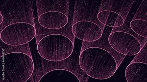 Mesmerizing 3D rendering showcases a spiral of circular shapes made of lines and dots against a dark background, creating an intriguing visual effect