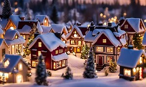 Christmas village display with miniature houses and twinkling lights. Snow covering rooftops and the sunset illuminating the scene. Winter wonderland landscape