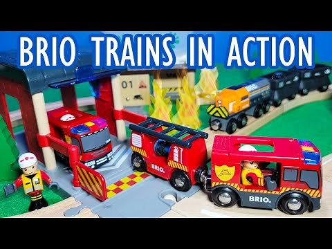 BRIO Trains - Fire Truck, Farm, Road Construction, Coal Mine and Cargo Wooden Trains Video