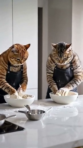 A few cats are kneading dough to make bread