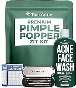 TreeActiv Pimple Popper Tool Kit with Face Wash and Acne Patches, Professional Blackhead Milia Remover Tools Facial Kit, Stainless Steel Blackhead Extractor Tool, Blemish Blackhead & Whitehead Pimple