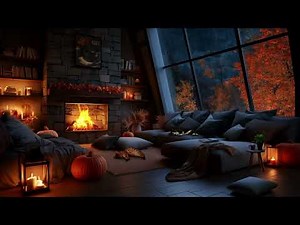 Autumn Rainstorm at Night | Cozy Fireplace, Sleeping Cats & Relaxing Fall Ambience