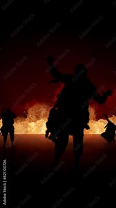 Vertical Zombie Fire Silhouette 4K features silhouettes of walking zombies in a dark atmosphere with a line of fire behind them in a vertical ratio.