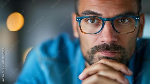Intense gaze in glasses: A mature male, distinguished by his stylish eyewear and contemplative demeanor, captivates with an arresting stare that speaks volumes.