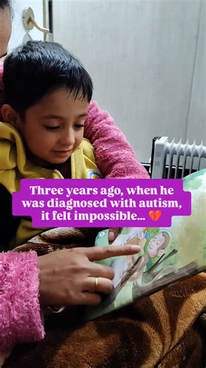 Autism Mom on Instagram: "Three years ago, when he was diagnosed with autism, it felt impossible 💔 But “impossible” itself says I’m possible ✨ Here we are—bedtime stories, understanding, and beautiful progress 📖✨ Words are coming, slowly but surely 🌱 Dear autism moms: never give up 💪🤍 #AutismMom #Hope #SmallWins #AutismJourney #NeverGiveUp"