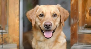 Joyful dog welcoming owner home at door captured on camera. Concept Pets, Homecomings, Joy, Dogs, Photography