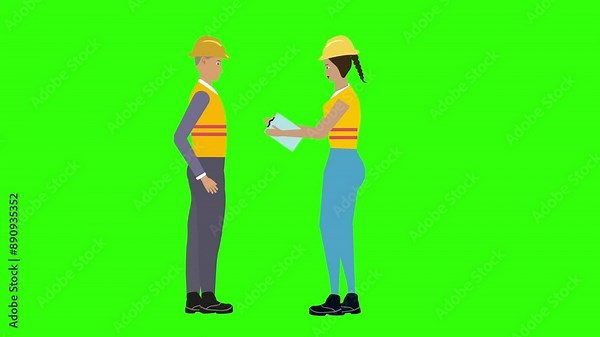 Character animation with man and women workers engineers in construction, green screen