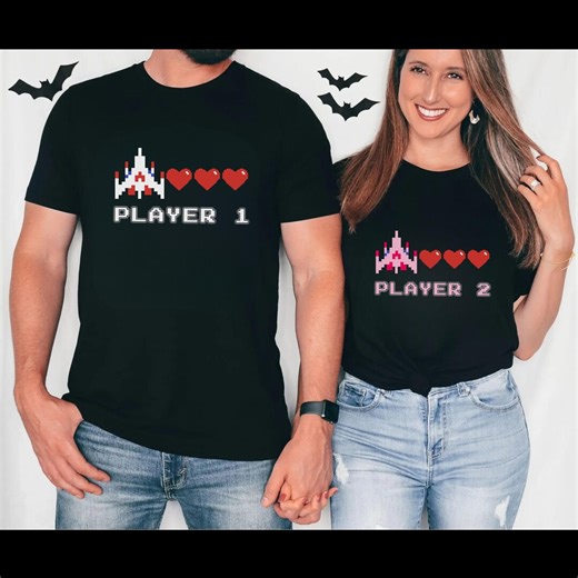Retro Arcade Player 1 Player 2 Shirt, Space Shooter Pixel Design, Gamer Couple Apparel - Etsy