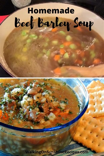 Nothing beats a bowl of Homemade Beef Barley Soup, warm, hearty, and packed with tender beef, veggies, and grains. Cozy, flavorful, and perfect for the whole family! Check out the recipe here ➡ https://walkingonsunshinerecipes.com/beef-barley-soup/ | Easy Family Recipes by Walking on Sunshine Blog | Facebook