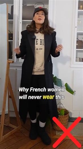 Alice Pittet on Instagram: "Why French women don’t wear leggings + UGGs in the city 👇 This might be the perfect outfit if you are staying at home or sick but NOT an everyday outfit In Paris, an outfit needs a “twist”: structure, intention, and one elevated piece. This look reads too casual because: • leggings = sporty • UGGs + socks = cozy/home vibe • no structured element to balance it Make it French in 10 seconds: ✅ straight-leg jeans (or wide-leg trousers) ✅ tweed/structured jacket or wool c