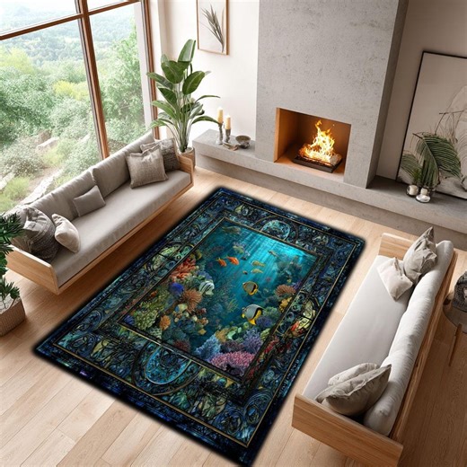 Ocean Fish Rug: Colorful Coral Reef, Nautical Home Decor - Etsy UK