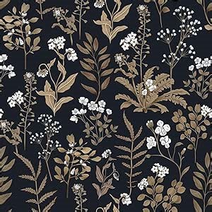Black Floral Wallpaper Peel and Stick Dark Moody Flower Gold Leaf Contact Paper Waterproof Self Adhesive Boho Botanical Vinyl Wrap Removable for Bathroom Bedroom Shelf DIY Decoration 17.3" x 118"