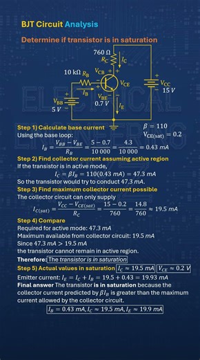 99% Get This BJT Saturation Question Wrong | Rc 760 ohms Rb 10k VCC 15V VBB 5V #Shorts #bjt