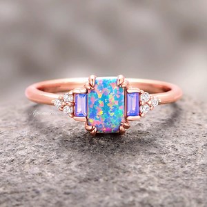 Light Blue Fire Opal & Opalescent Sapphire Ring- 14k Rose Gold Vermeil Opal Engagement Ring for Women- Unique Promise Ring- Gift for Her - Etsy