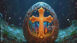 Easter background, the beauty of carved egg shells with a cross symbol in the middle of the Easter egg shell, seamless looping time lapse virtual 4k video animation background