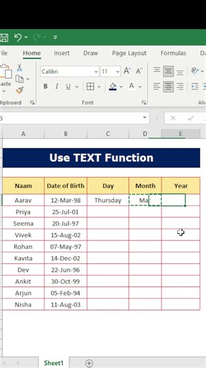 How to use Text Function in Excel || Day Month & Year Formatting || #shorts #shortvideo #excel