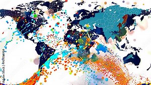 A colorful map displays the distribution of global populations and their movement across different regions and continents