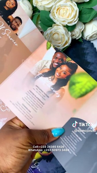 Gate Fold Program SAM & ❤️LEONORA #HappilyAmarquaye PRODUCTION TEAM Coordination: @ritz.events Planning : @liyonorah @styledbyjbenjamin Decor: @hceventsgh Bridal Room : @augaevents ——————————————- MEDIA Photography: @jema_photography Videography: @hybridmediagh Blogger : @live_wedding_with_kwaku ——————————————- GLAM TEAM: Bride’s makeup: @jayclaudbeauty Bride’s hairstylist: @esplendido.beauty Bride’s trad gown 1 : @yoli_koomson Bride’s trad gown 2 : @sniphouse Bride’s Wedding Gown & 1 Reception 
