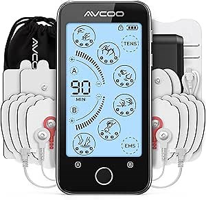 AVCOO Large Touchscreen TENS Unit Muscle Stimulator for Back Pain Relief, TENS Machine with 24 Modes & 20 Levels, Dual-Channel Stim Machine with Rechargeable Battery for 40 Hour-Usage, 12 TENS Pads