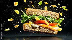 Sandwich Splash: A fresh, vibrant sandwich explodes with flavor as its ingredients dance in mid-air, capturing the essence of culinary creativity and irresistible taste.