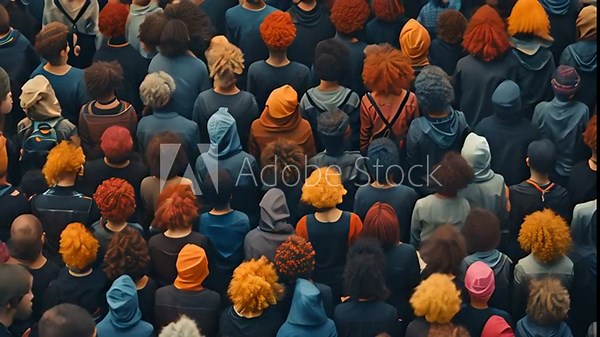 Large, dense and diverse group of people seen from above. Crowd of people standing in a row gathered for event or other activities. Big group of people on one place moving back view 4k video