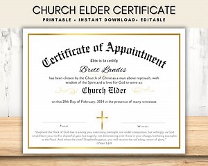 Editable Church Elder Certificate of Appointment, Church Printable Certificate of Appreciation, Church Leadership, Canva Church Template - Etsy