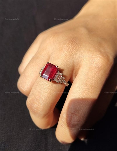 Eternity Pink Ruby Ring Bridal 925 Sterling Silver Baguette Round Accent Engagement Style Statement Ring Gift for Her - Etsy