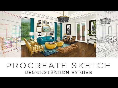 Procreate for Interior Design - time lapsed demo on drawing a 2 pt perspective living room
