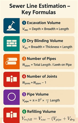 #Sewer #Line #Estimation Key #Formulas #SewerLineEstimation #CivilEngineeringFormulas #ConstructionEstimating #DrainageSystemDesign #SewerPipeCalculation #CivilWorksTips #ConstructionBasics #QuantitySurveying #PipeLayingCalculation #EngineeringFormulas #SewerLineConstruction #reelschallenge #facebookviral #facebookreel #facebookreelsviral | The Civil Engineering
