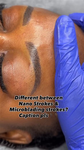 Nano Brow VS Microblading read 👇🏿 **Nano brows strokes are achieved using an ultra-fined , single-needle with a hand held machine to deposit soft feathery hair like strokes into the epidermis (outermost layer of the skin) **Nano Brows is the new & improved method of creating Hair like Stroke Effects. **Nano Brows are better suited for any skin type and offer a crisper, more natural look with potentially longer-lasting results. **Nano strokes are finer and more precise, and are also Non Invasiv