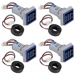 Blue LED Display Voltmeter, Square Dual Display Voltmeter and Ammeter LED Digital Voltage Gauge AC 60-500V 0-100A Current Meter Indicator (4pcs)