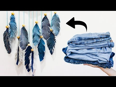 How to make Denim Feather Wall Hanging - Old Jeans Craft - Wall Decor