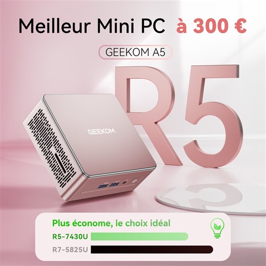 🆕 GEEKOM A5 Mini PC — Le Best-Seller enfin en Super Promo Black Friday ! 🔥Équipé du Ryzen™ 5 7430U / Ryzen™ 7 5825U — Le meilleur Mini PC autour de 𝟑𝟎𝟎 €！ Pourquoi tout le monde choisit le GEEKOM A5？ 🔹15 W seulement, parfait pour édition, gaming léger et multitâche 🔹 RAM jusqu’à 64 Go SSD jusqu’à 5 To 🔹 6× USB HDMI 2.0 SD Kensington Audio 🔹 Châssis métallique ABS, résistance jusqu’à 200 kg 🔹 Refroidissement IceBlast 2.0 (double caloduc cuivre, silencieux et efficace) 🔹 Vis anti-perte 