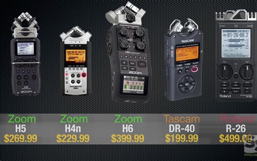 四款便携录音笔音质对比测试（Zoom H6, H5, H4n, Tascam DR-40, Roland R-26）