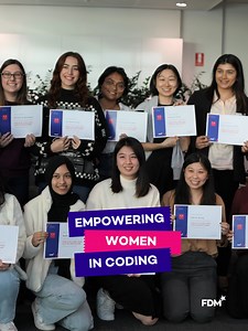 Empowering women in tech with our all-female #Python Bootcamp! 💻👩‍💻 We recently hosted our #SheLivesTech Bootcamp in Sydney, welcoming talented women into our centre to learn all things Python. During the event, we taught them how to create a game from scratch in just one day and how to overcome #ImposterSyndrome. #FDMcareers #CodingBootcamp #WomenInTech | FDM Group