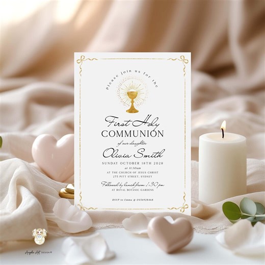 Simple Gold First Holy COMMUNION Invitation Template, EDITABLE Digital Invite - Etsy
