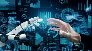 Futuristic robot artificial intelligence revolutionary AI technology development and machine learning concept. Global robotic bionic science research for future of human life. 3D rendering graphic.