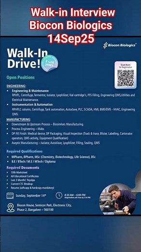 Walk-in Interview I Biocon Biologics | 140925 #job #pharma