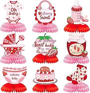 Strawberry Baby Shower Decorations - Berry Sweet Honeycomb Centerpieces 9 Pieces Pink Berry Sweet Baby Shower Decorations Supplies for Girls Gender Announcement Party Table Decor