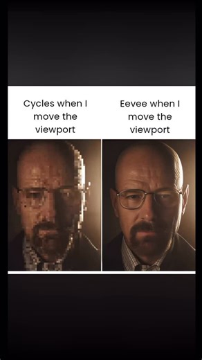 UncertifiedVisuals on Instagram: "Cycles vs Eevee — same file, different trauma 🫠 Which one do you use more? . #blender3d #3dartist #breakingbad #cyclesrender #eeveeblender 3dmemes cgartist renderlife blenderhumor 3dcreator . . . . . . . . . . . . Split screen meme comparing Cycles vs Eevee viewport performance. Left side: ultra-low FPS, heavy pixelated, noisy render, lagging movement, cinematic dramatic lighting, stressed realistic male face expression, slow viewport camera movement, glitchy f