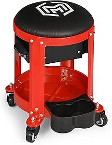 M-AUTO Rolling Workshop Mechanic Stool Creeper Seats with Tool Storage Drawers and Can Holders, 300LbS Garage Rolling Toolbox Stool with Wheels, Work Rolling Stools for Shop or Garage, Red