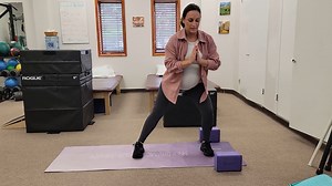 Our last movement for our Happy Hips During Pregnancy series is "Side Lunges". Start with your legs in a V as wide as you feel comfortable. Lean to the right and transfer your weight to your right leg. Then, using your right foot, push yourself back up to your starting position. Now, repeat this same movement on your left side. You don't want to feel any pinching movements so if this feels like it's too much, you might want to start with your legs narrow with less of a bend in the knee. You don'