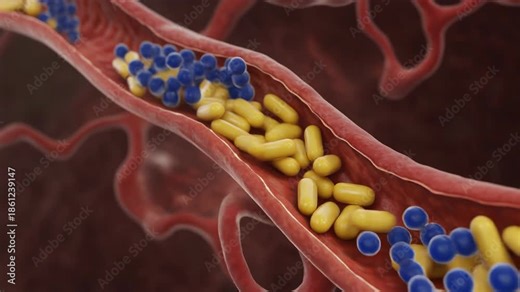 Microscopic view of lipoproteins transporting cholesterol within a blood vessel.