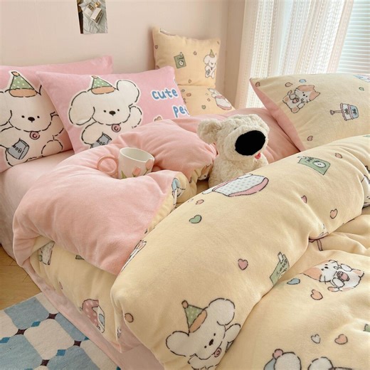 Cartoon Dog and Cat Yellow Bedding Set for Kids Bedroom Decor - Etsy