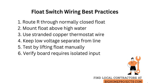 Float Switch R Wiring Stops Overflow Damage Wiring a thermostat R terminal through a float safety switch prevents drain pan overflow by cutting twenty four volt power to the HVAC system when a float detects high condensate, protecting homes from water damage and costly repairs. This guide explains float switch installation tips, low voltage wiring best practices, thermostat safety interlock placement, and how to test the float and control board response. Common search terms included are float sw