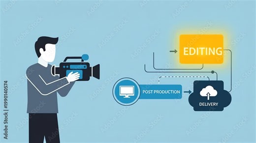 Conceptual illustration of the video production workflow, from shooting to post-production, editing, and cloud delivery.