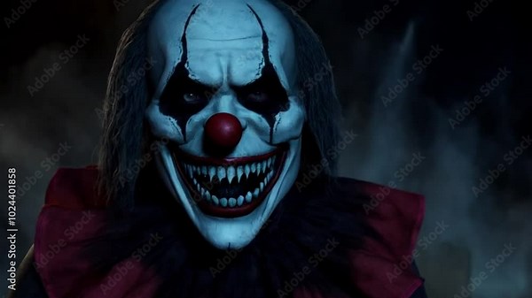 Spooky Halloween animation featuring a ghostly clown face or a haunting dead skull.