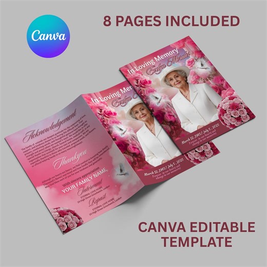 Pink Roses Funeral Program Template: 8-page Memorial, Celebration of Life (canva Template, PDF Download) - Etsy