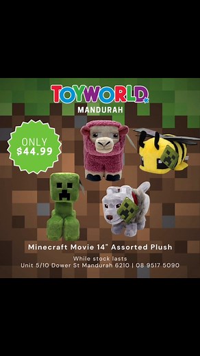 NEW IN!! Minecraft movie 14” plush #minecraft #theminecraftmovie #minecraftmovie #minecraftplush #minecraftbee #minecraftcreeper #minecraftsheep #pinksheep #minecraftwolf #aminecraftmovie #toyworld #toyworldmandurah #mandurah #mandurahsmallbusiness | Toyworld Mandurah | Facebook